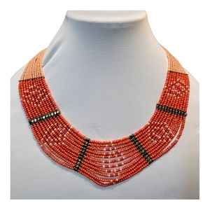 Necklace Coral red beads, pink  glass beads, with brass metal beads Aztec style